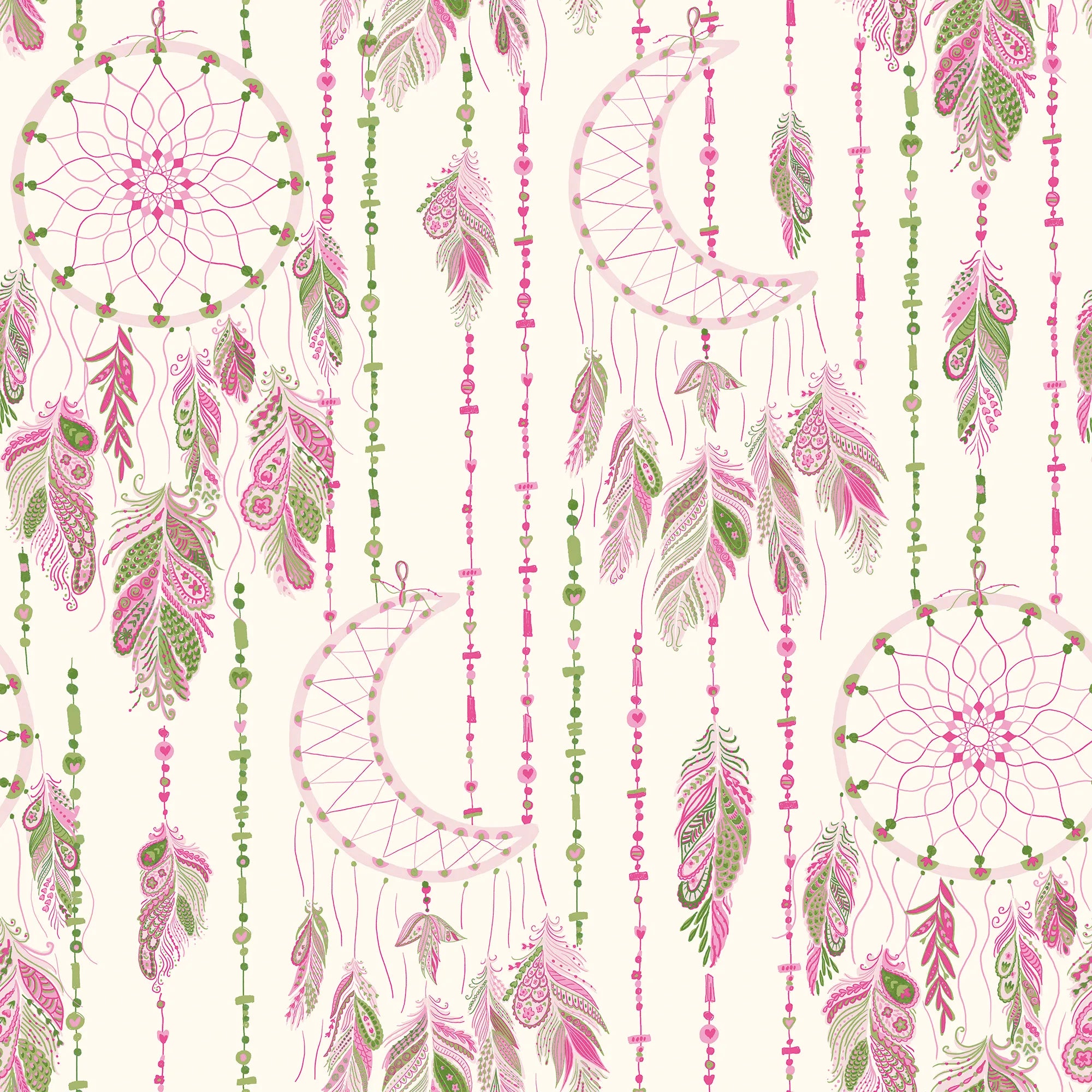 Spirit Halo Wallpaper in Greens and Raspberry on Cream