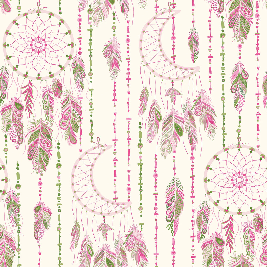Spirit Halo Wallpaper in Greens and Raspberry on Cream