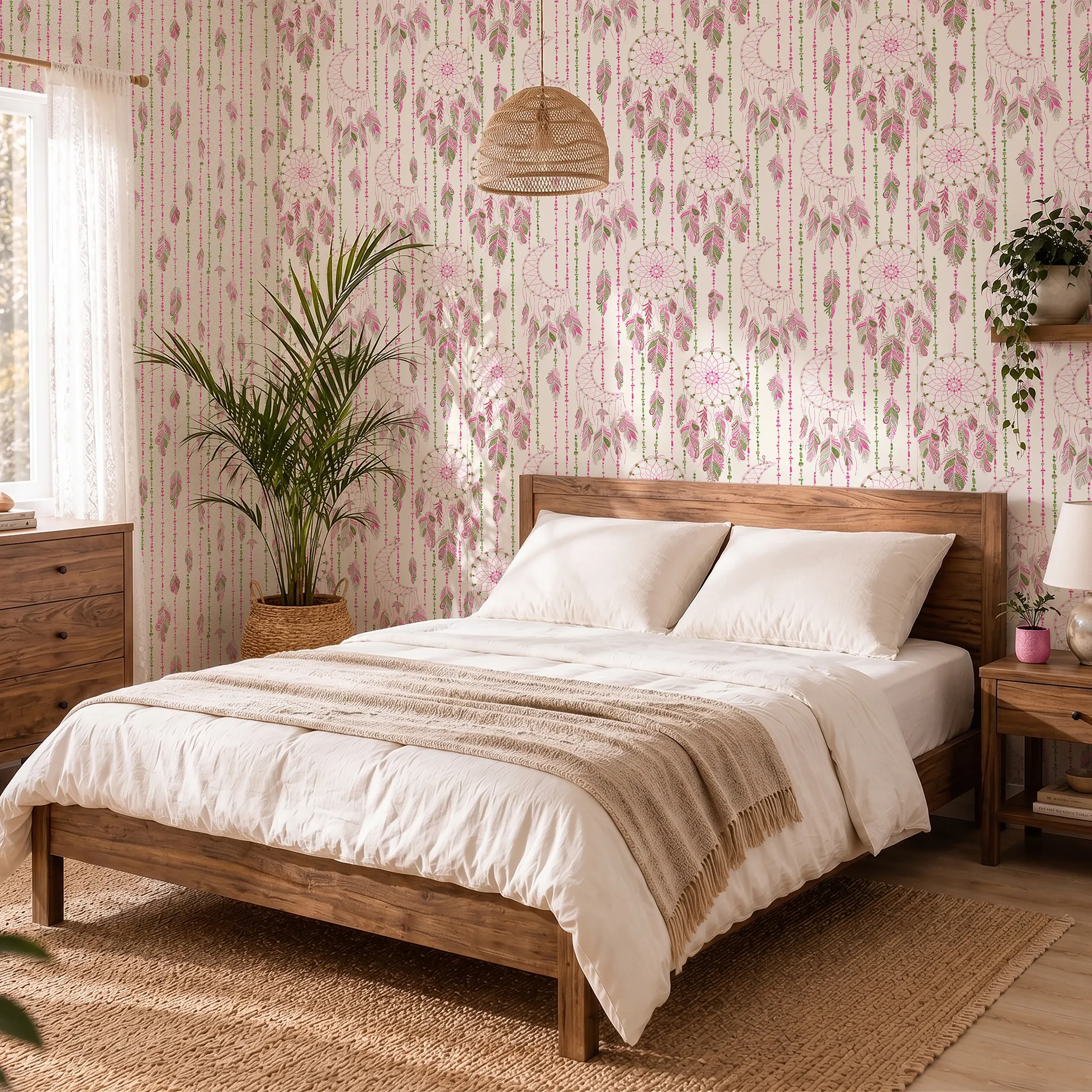 Spirit Halo Wallpaper in Greens and Raspberry on Cream