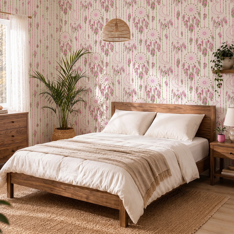 Spirit Halo Wallpaper in Greens and Raspberry on Cream
