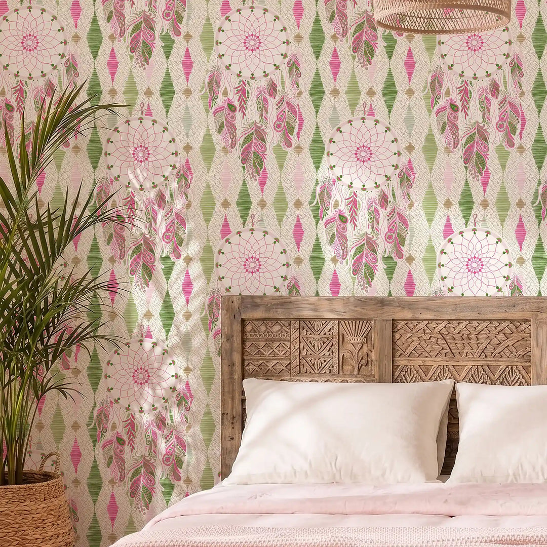 Boho Hoop Wallpaper in Greens and Raspberry on Cream