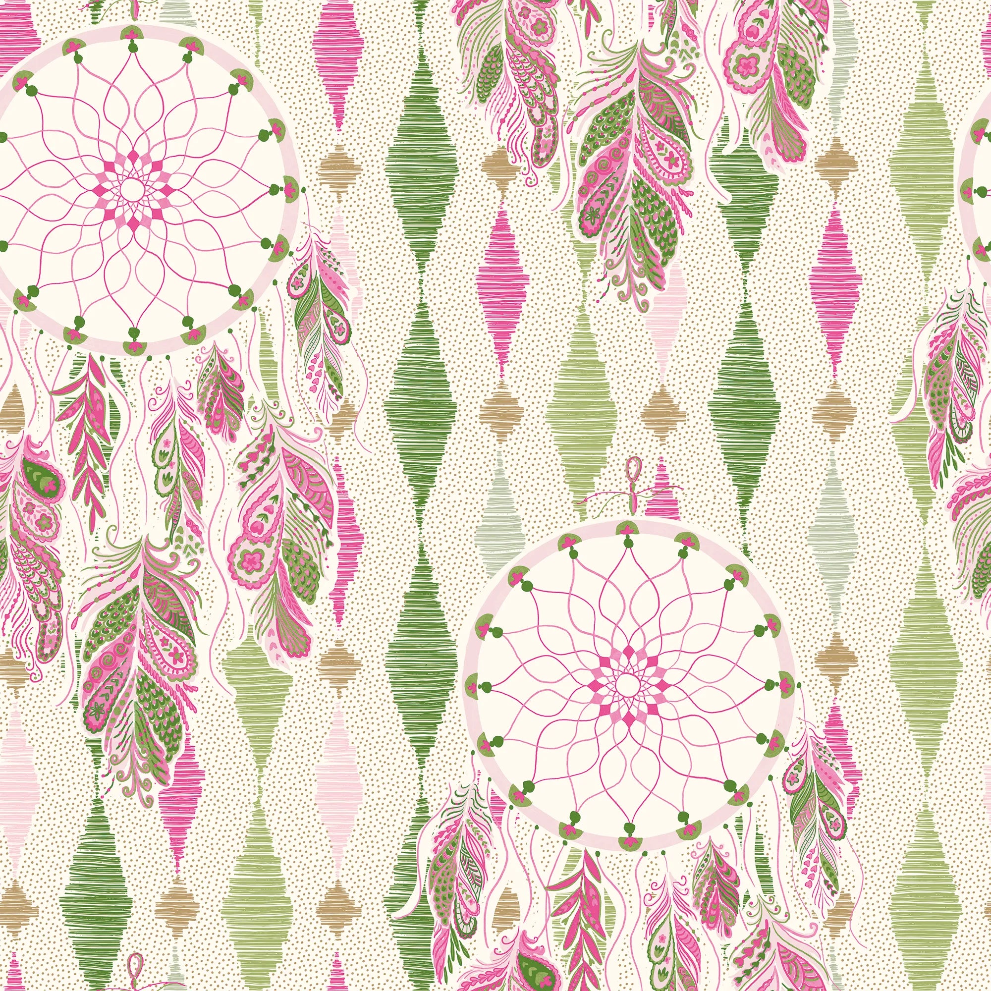 Boho Hoop Wallpaper in Greens and Raspberry on Cream
