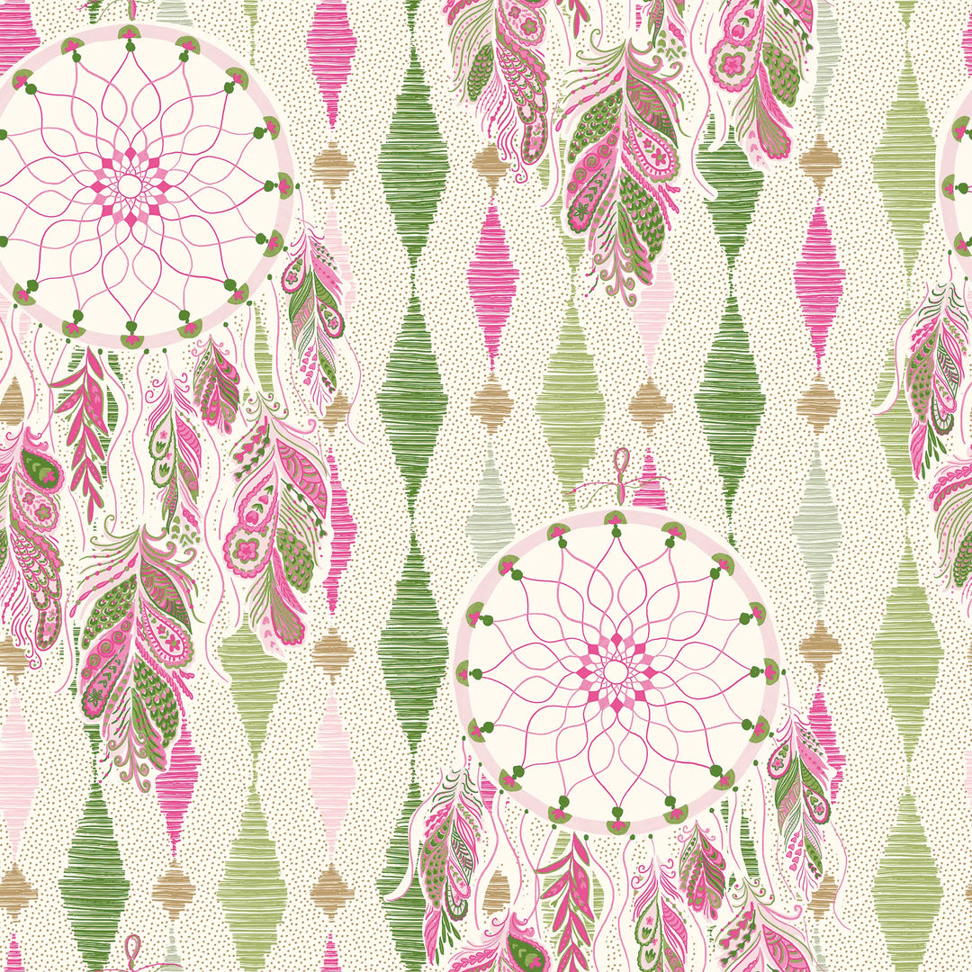 Boho Hoop Wallpaper in Greens and Raspberry on Cream