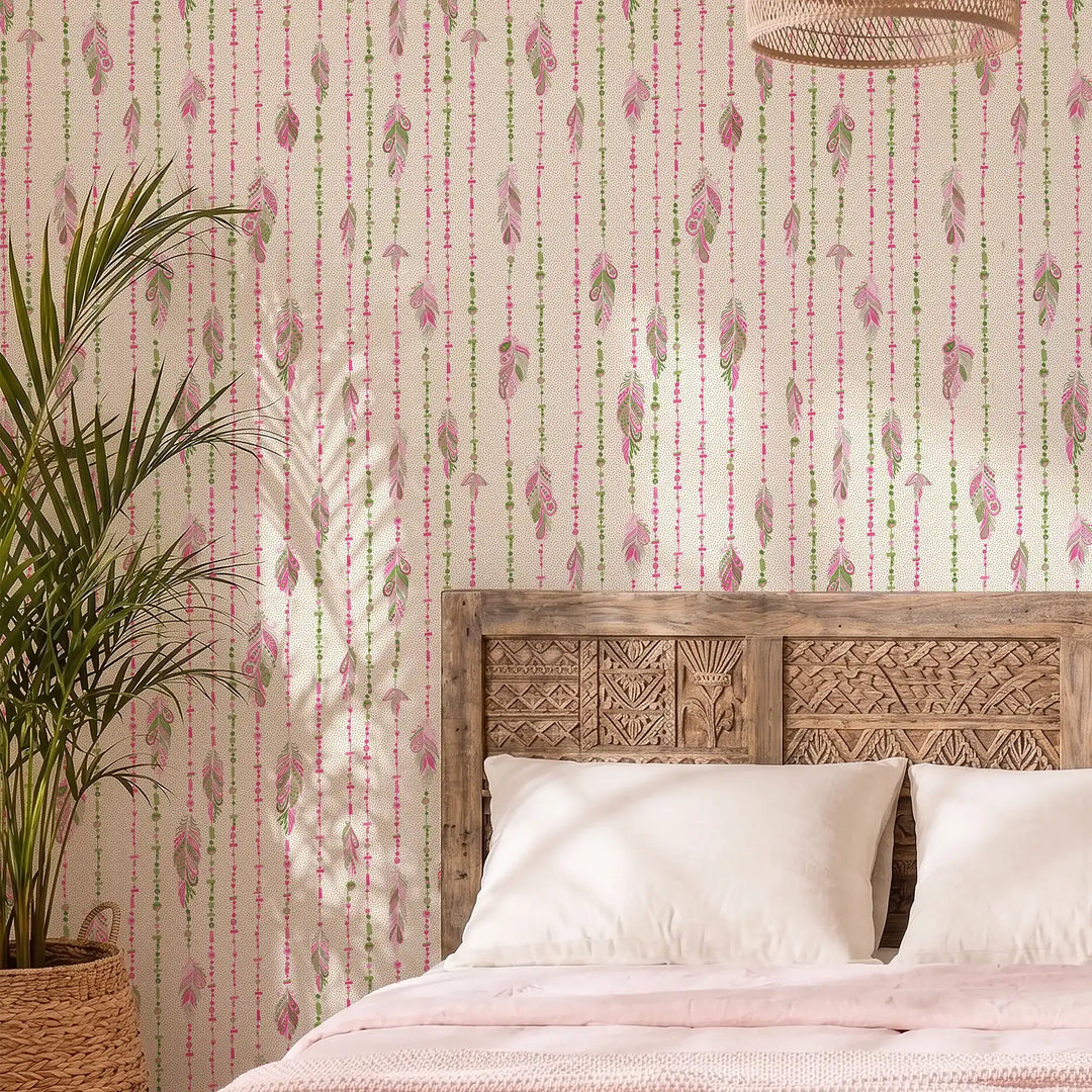 Spirit Streamer Wallpaper in Greens and Raspberry on Cream