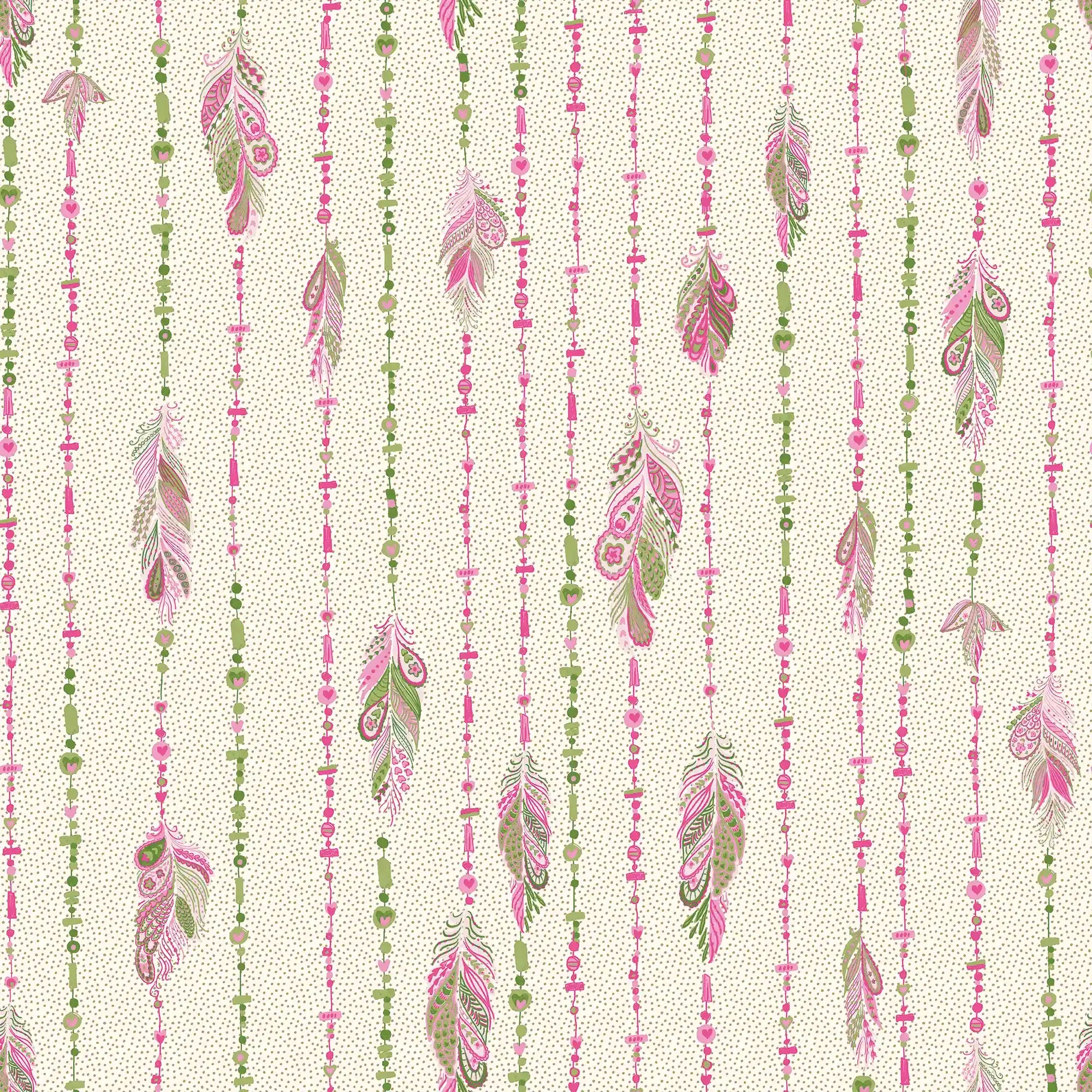 Spirit Streamer Wallpaper in Greens and Raspberry on Cream