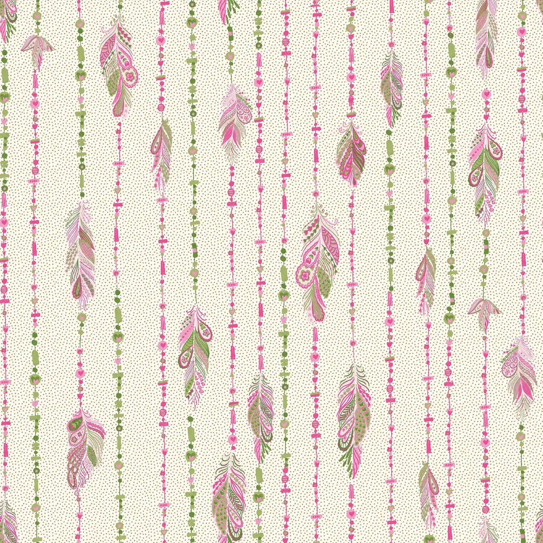 Spirit Streamer Wallpaper in Greens and Raspberry on Cream