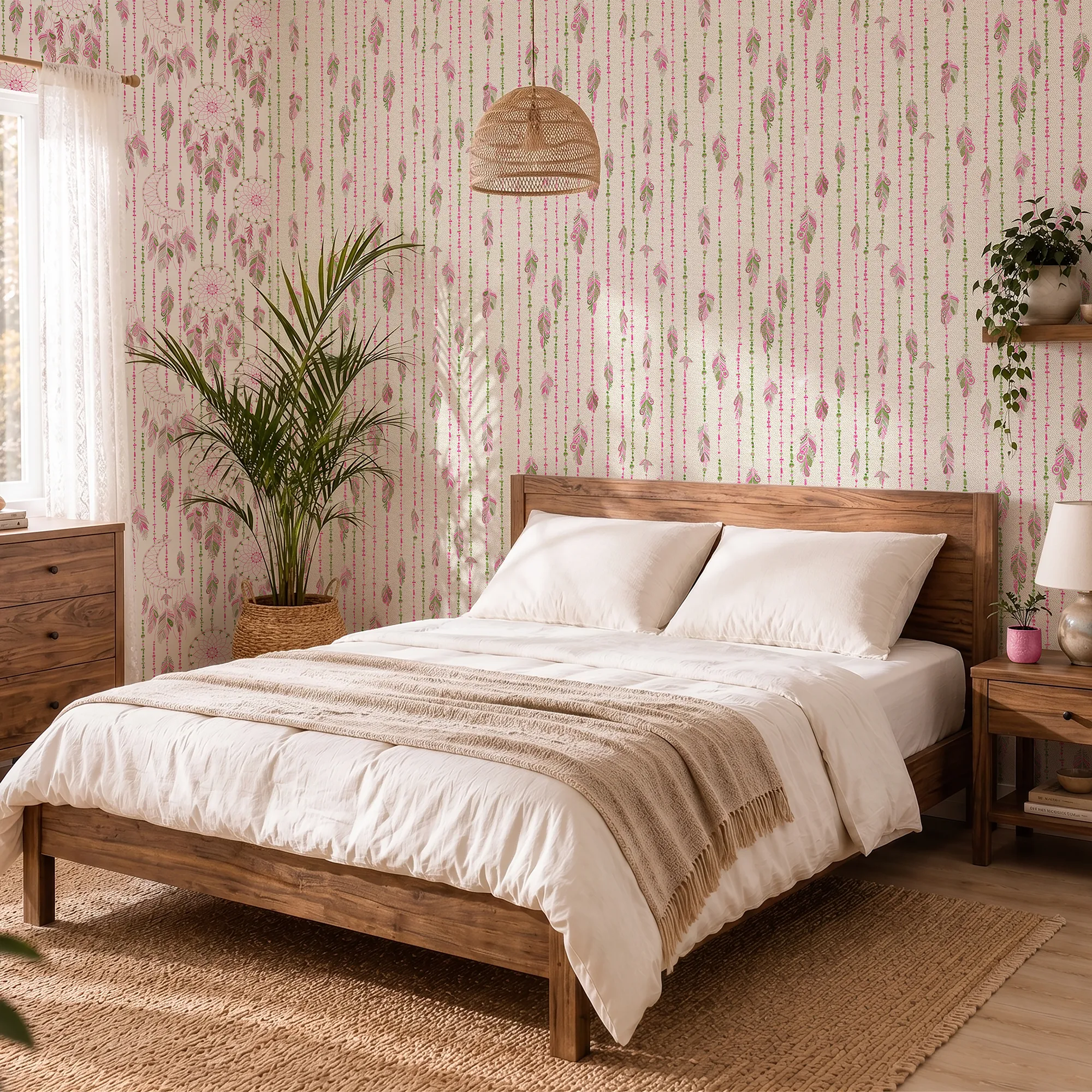 Spirit Streamer Wallpaper in Greens and Raspberry on Cream