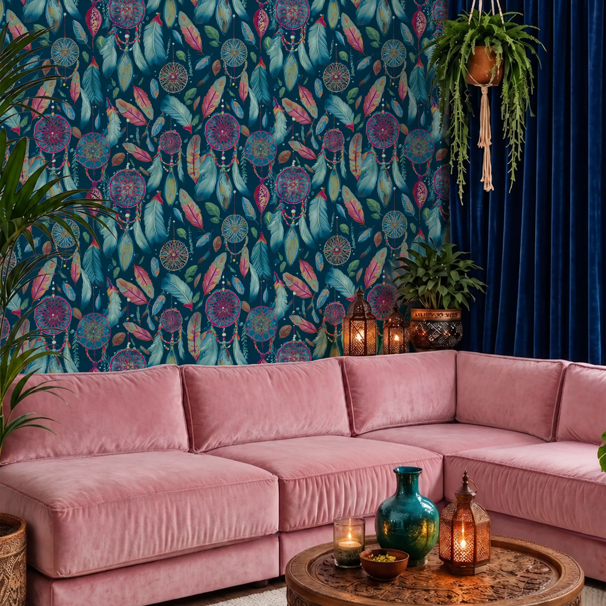 Midnight Dreams Wallpaper in Midnight Navy and Pink