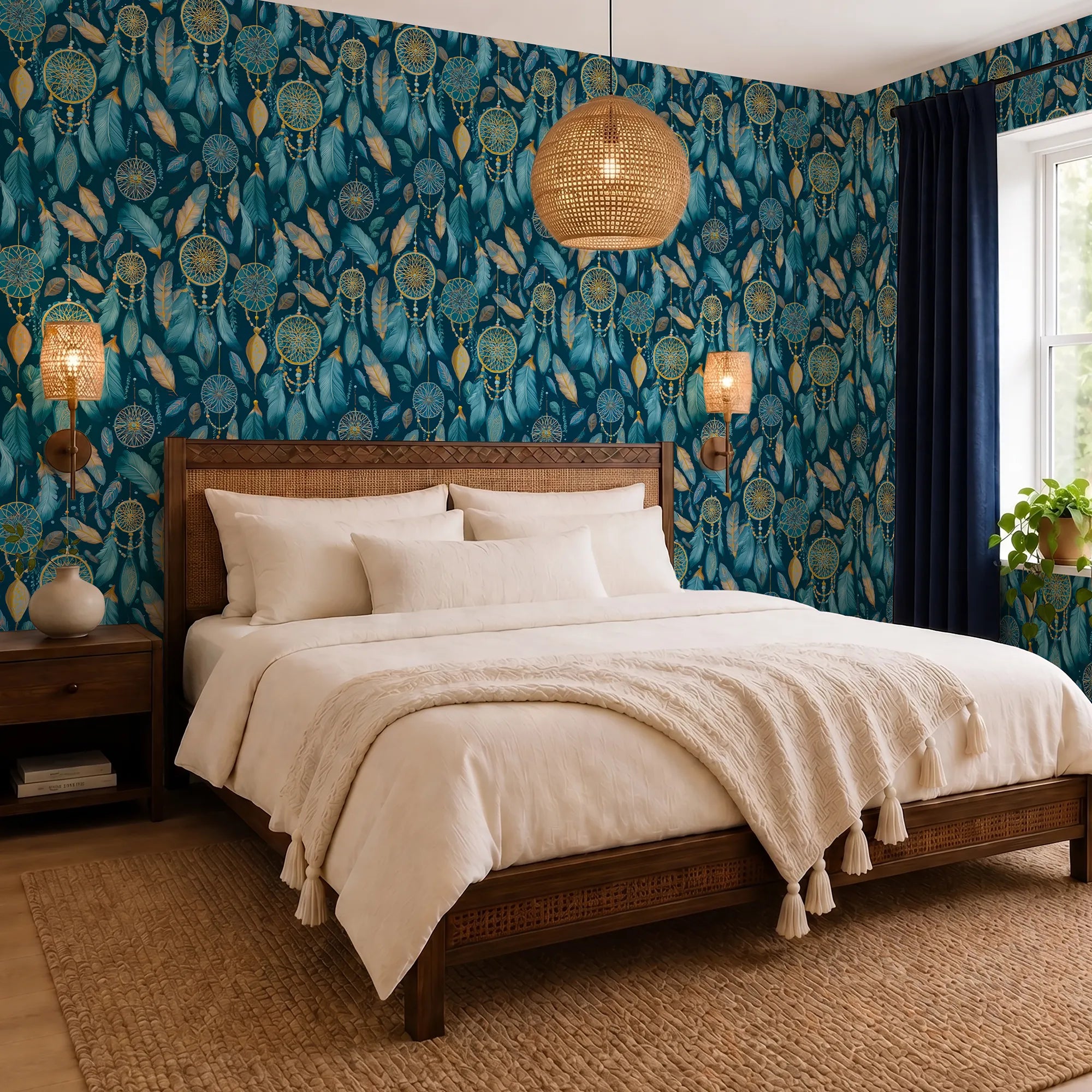 Midnight Dreams Wallpaper in Midnight Navy and Yellow