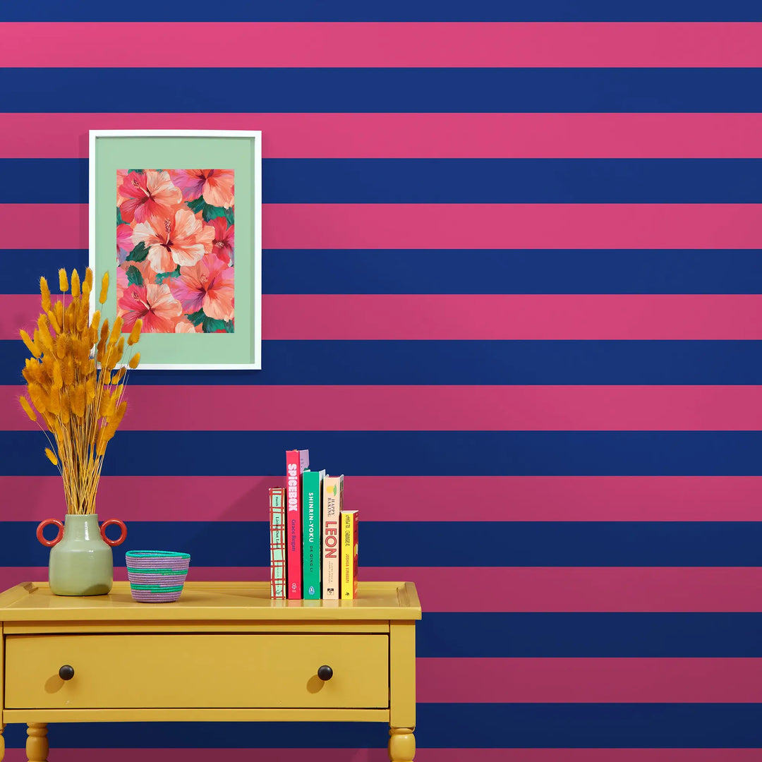 Signature Stripe Wallpaper in Electric Blue and I'm Blushing Pink