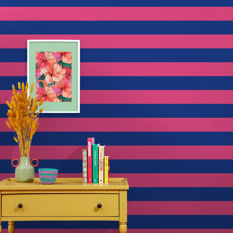 Signature Stripe Wallpaper in Electric Blue and I'm Blushing Pink