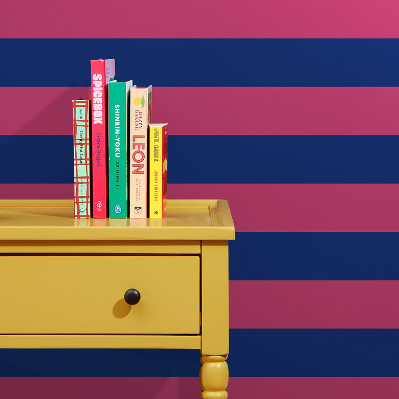 Signature Stripe Wallpaper in Electric Blue and I'm Blushing Pink
