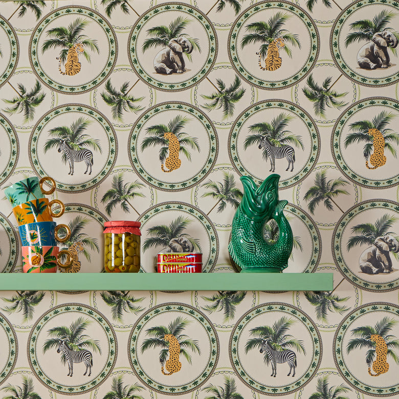 Law of the Jungle Wallpaper in Greens on Cream