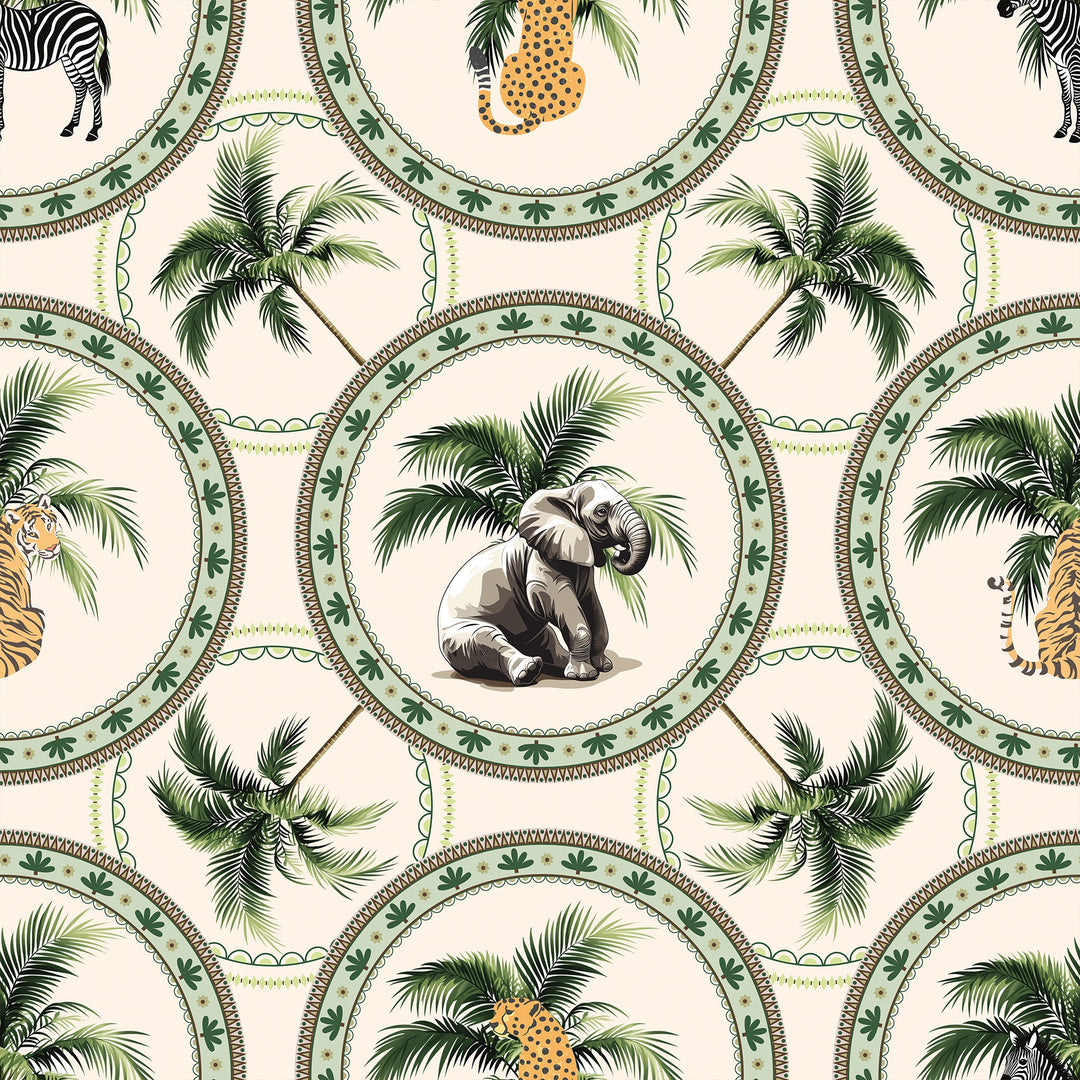 Law of the Jungle Wallpaper in Greens on Cream