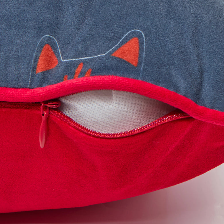 Lucky Cat Square Cushion in Navy, Jasmine White and Crimson