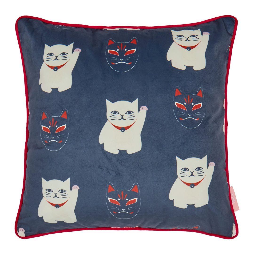 Lucky Cat Square Cushion in Navy, Jasmine White and Crimson
