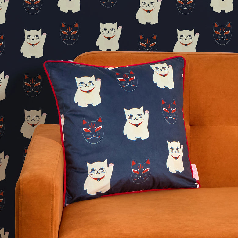 Lucky Cat Square Cushion in Navy, Jasmine White and Crimson