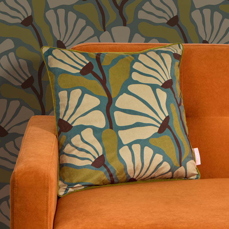 Mad for Matisse Square Cushion in Walnut, Wasabi on Teal