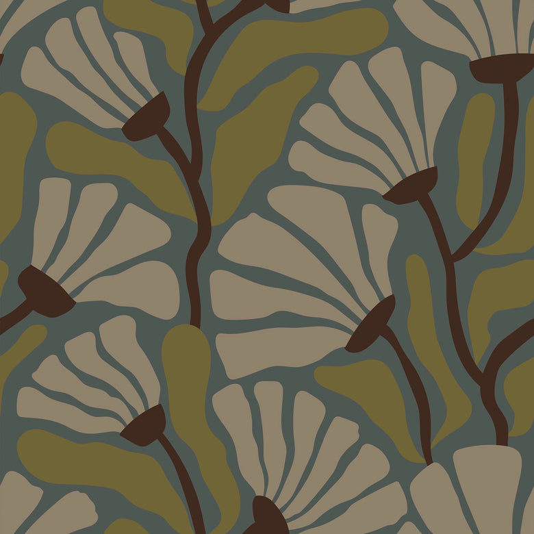 Sample of Mad for Matisse Wallpaper in Walnut and Wasabi on Teal