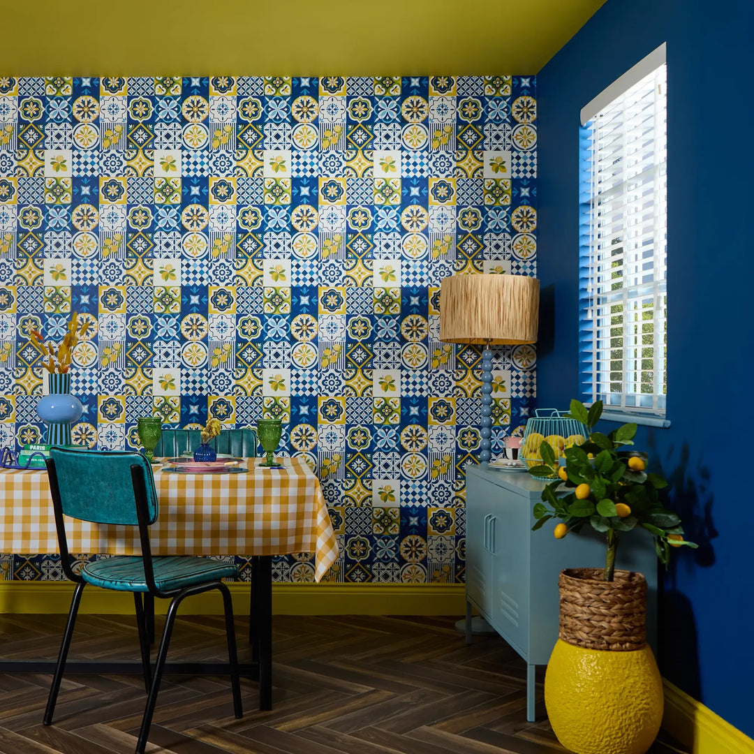 Maiolica Mosaic Wallpaper in Mediterranean Blue and Sorrento Lemon