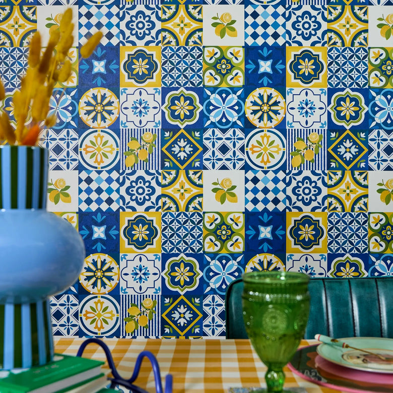 Maiolica Mosaic Wallpaper in Mediterranean Blue and Sorrento Lemon