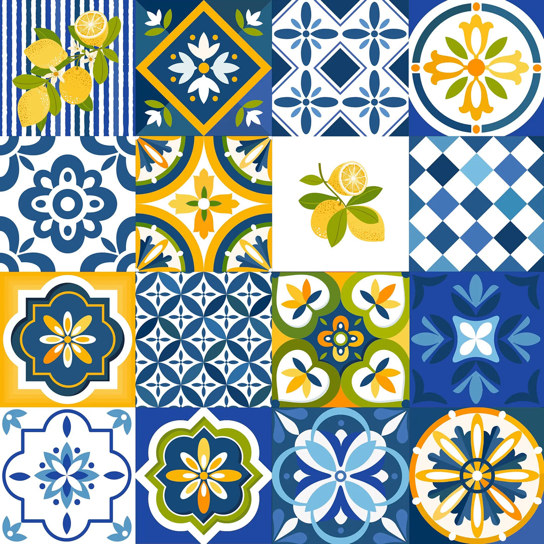 Maiolica Mosaic Wallpaper in Mediterranean Blue and Sorrento Lemon
