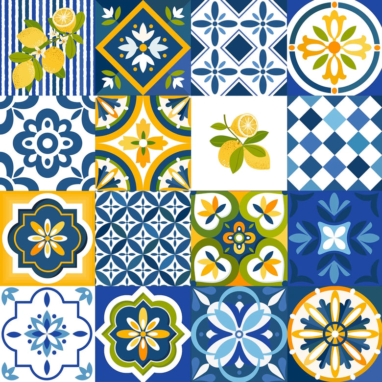 Maiolica Mosaic Wallpaper in Mediterranean Blue and Sorrento Lemon
