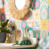 bright tile wallpaper with sink and mirror