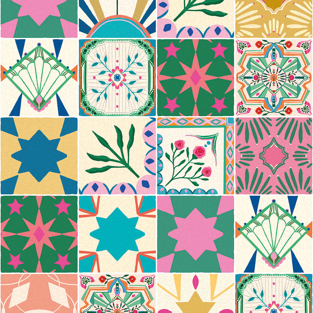 Sample of Out on the Tiles Wallpaper in Summer Brights