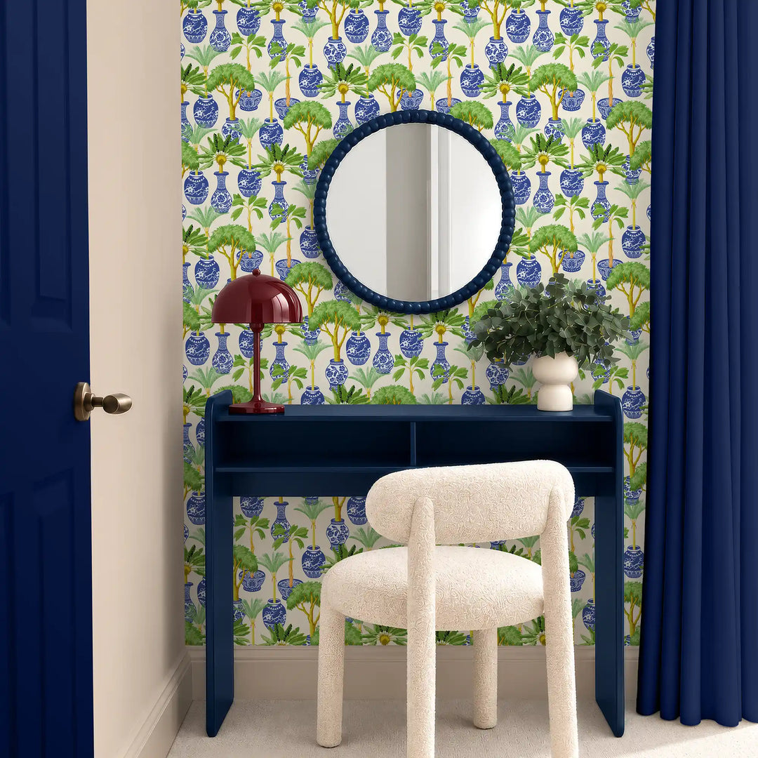 Out of the Blue Wallpaper in Blue and Green on Cream