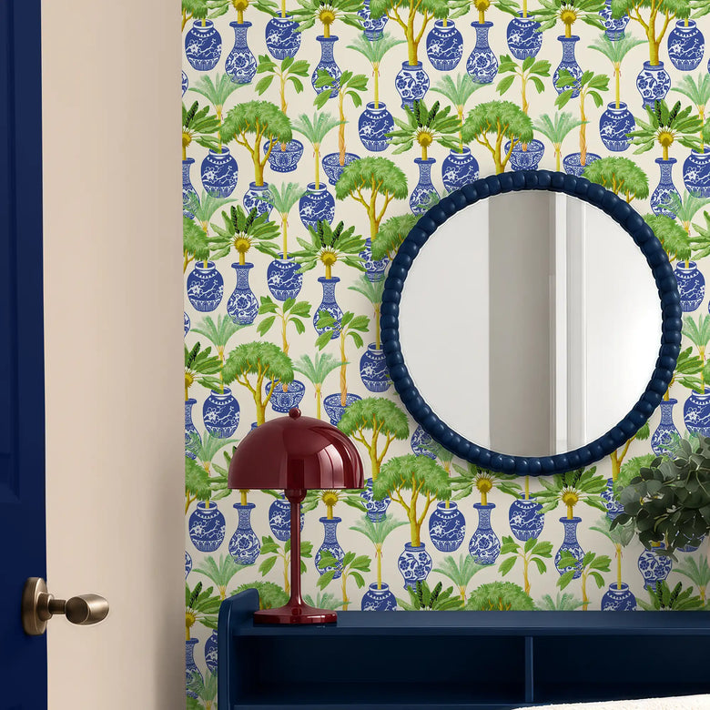 Out of the Blue Wallpaper in Blue and Green on Cream