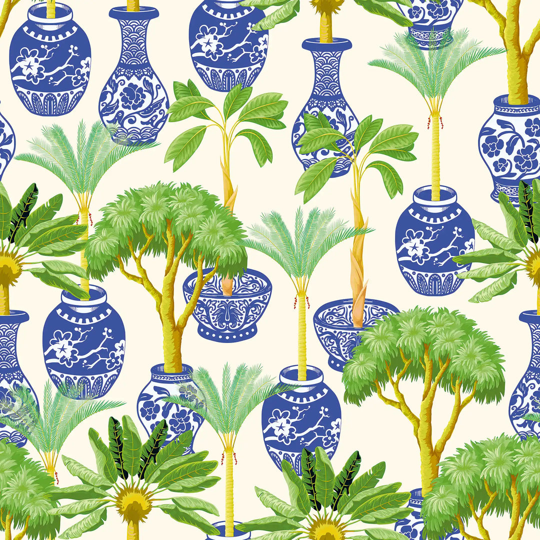 Out of the Blue Wallpaper in Blue and Green on Cream