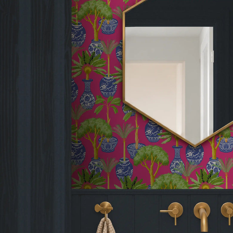 Out of the Blue Wallpaper in Blue and Green on Hot Pink