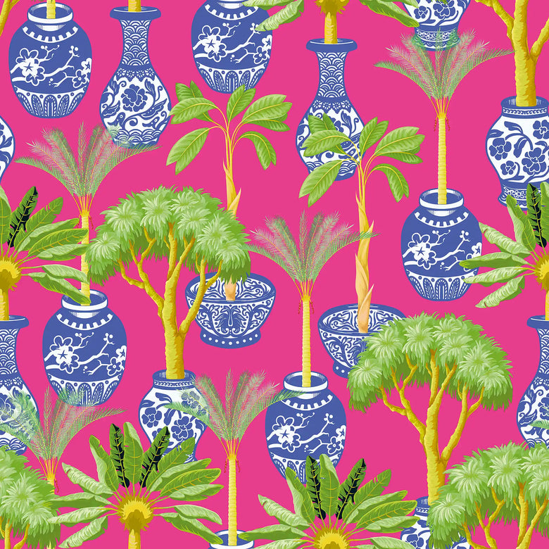 Out of the Blue Wallpaper in Blue and Green on Hot Pink