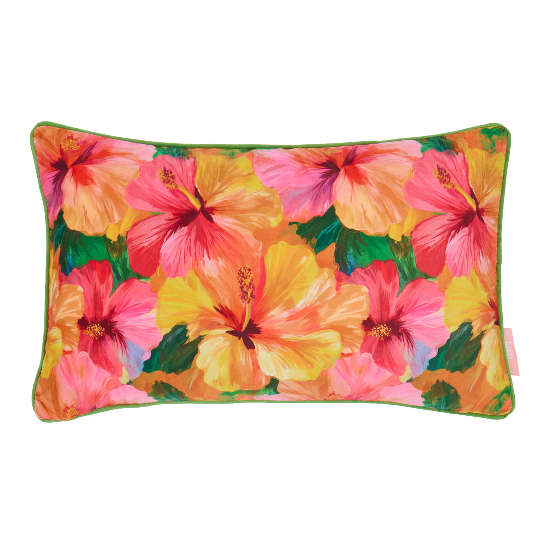 Painterly Hibiscus Dream Bolster Cushion in Oranges and Pinks