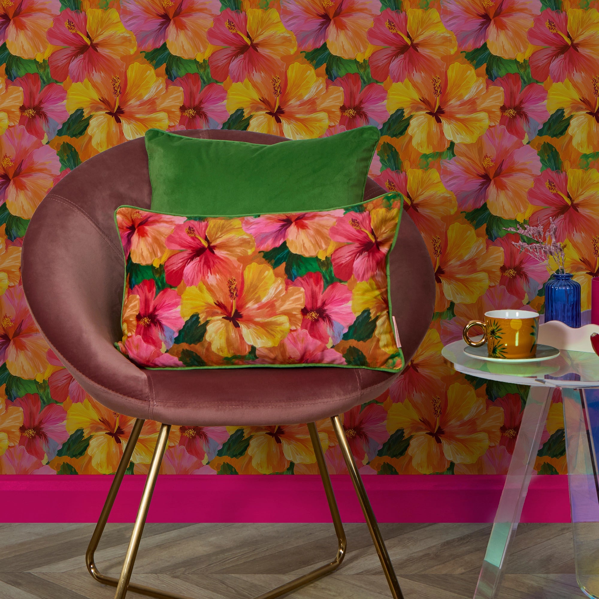 Painterly Hibiscus Dream Bolster Cushion in Oranges and Pinks