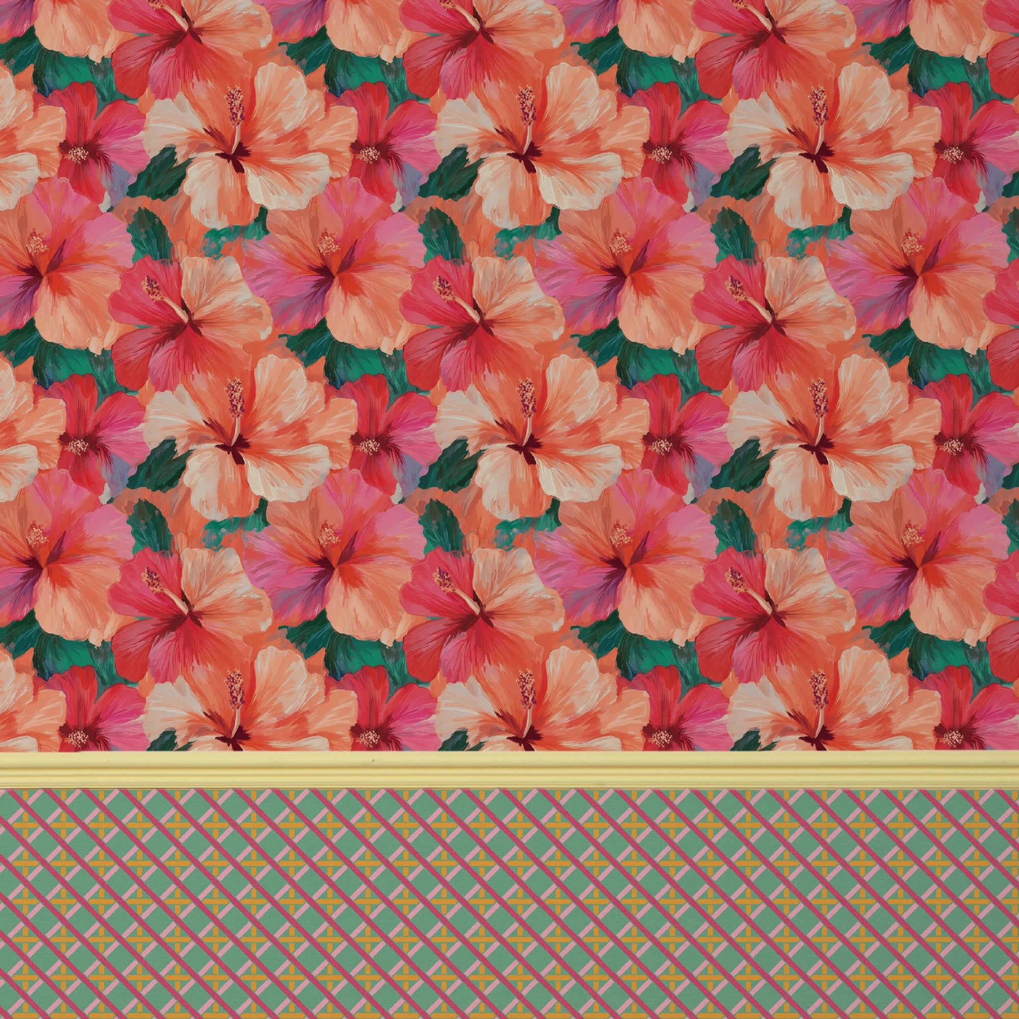 Painterly Hibiscus Dream Wallpaper in Coral and Pinks