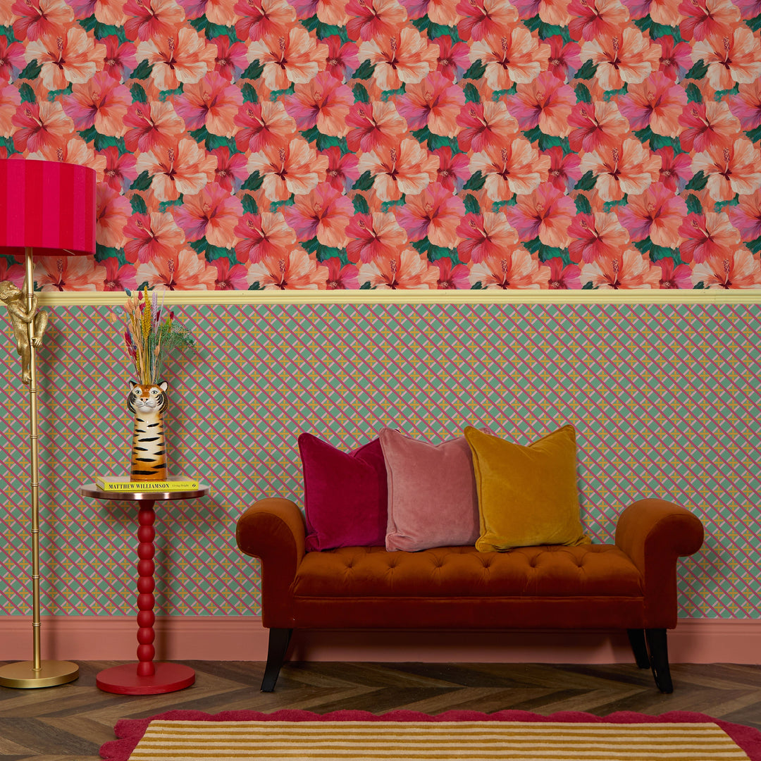 Painterly Hibiscus Dream Wallpaper in Coral and Pinks