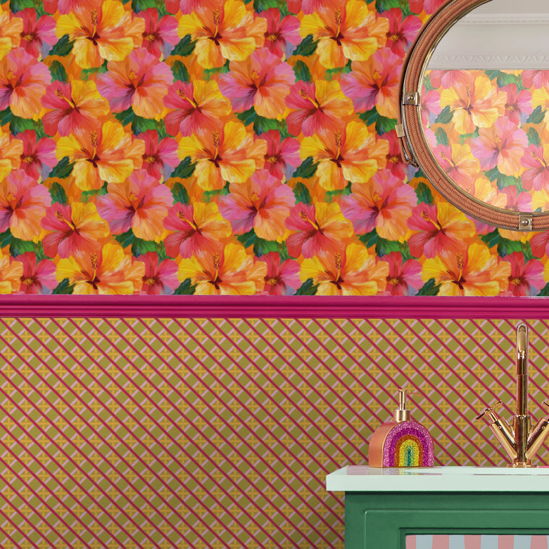 Painterly Hibiscus Dream Wallpaper in Oranges and Pinks