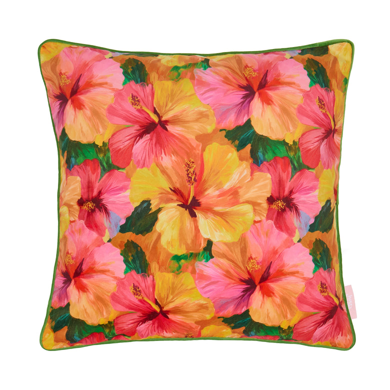 Painterly Hibiscus Dream Square Cushion in Oranges and Pinks