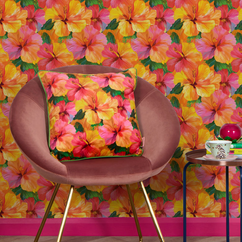 Painterly Hibiscus Dream Square Cushion in Oranges and Pinks