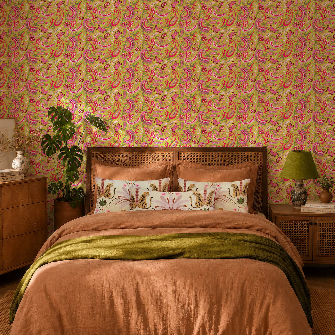 Paisley Party Wallpaper in Pink and Green on Lime