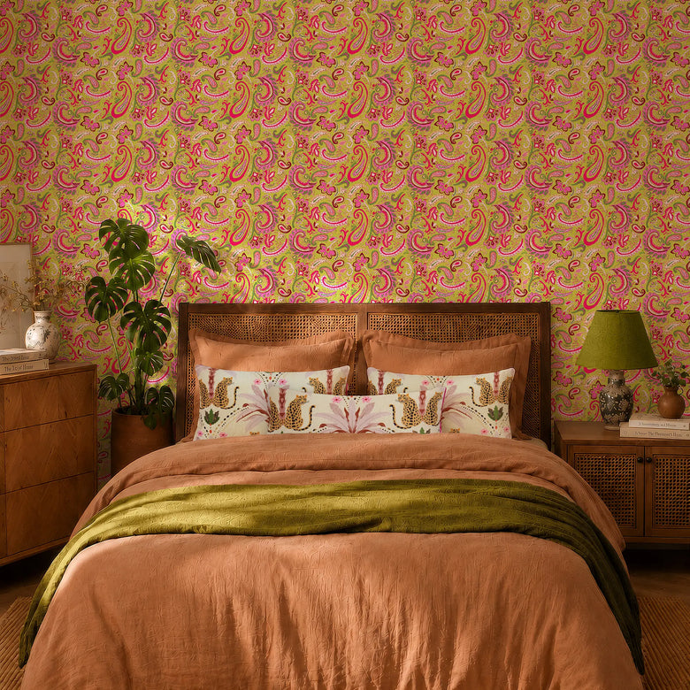 Paisley Party Wallpaper in Pink and Green on Lime