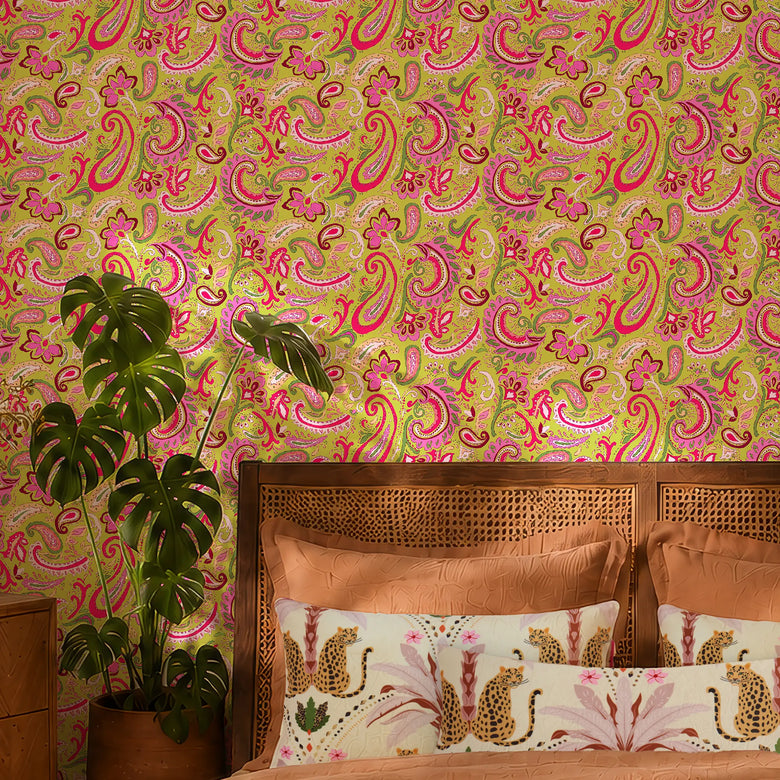 Paisley Party Wallpaper in Pink and Green on Lime
