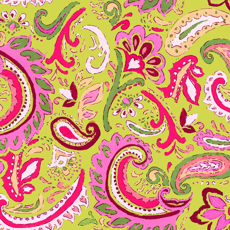 Paisley Party Wallpaper in Pink and Green on Lime