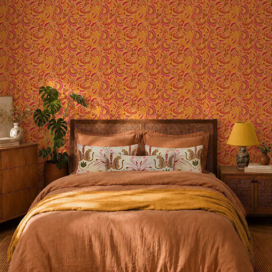 Paisley Party Wallpaper in Sunset Pinks on Sunrise Orange