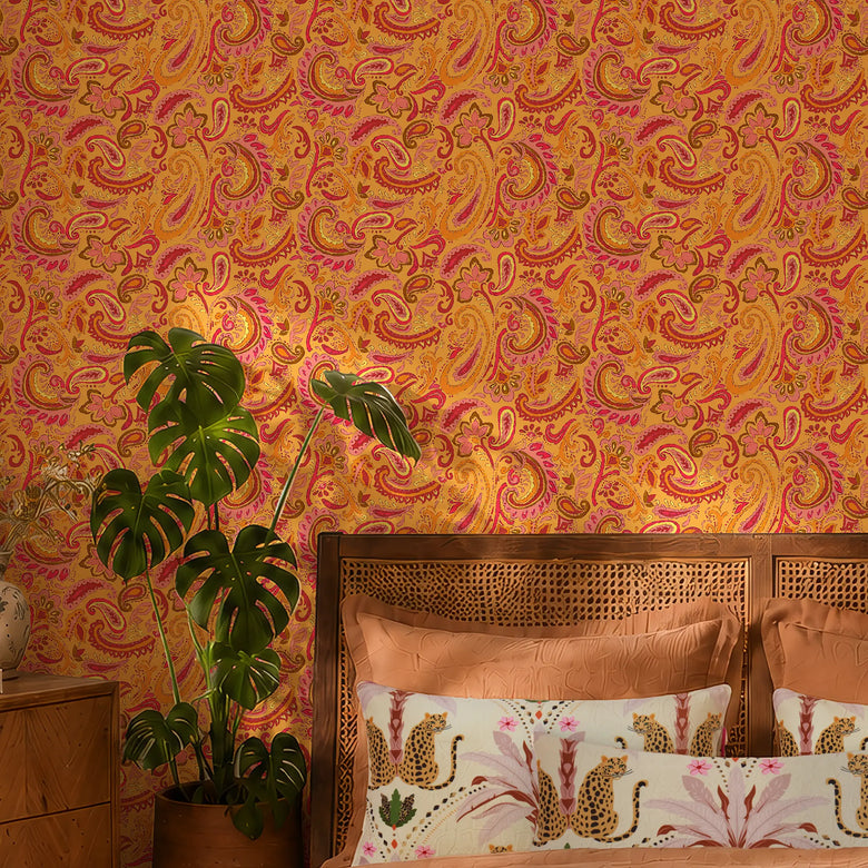 Paisley Party Wallpaper in Sunset Pinks on Sunrise Orange