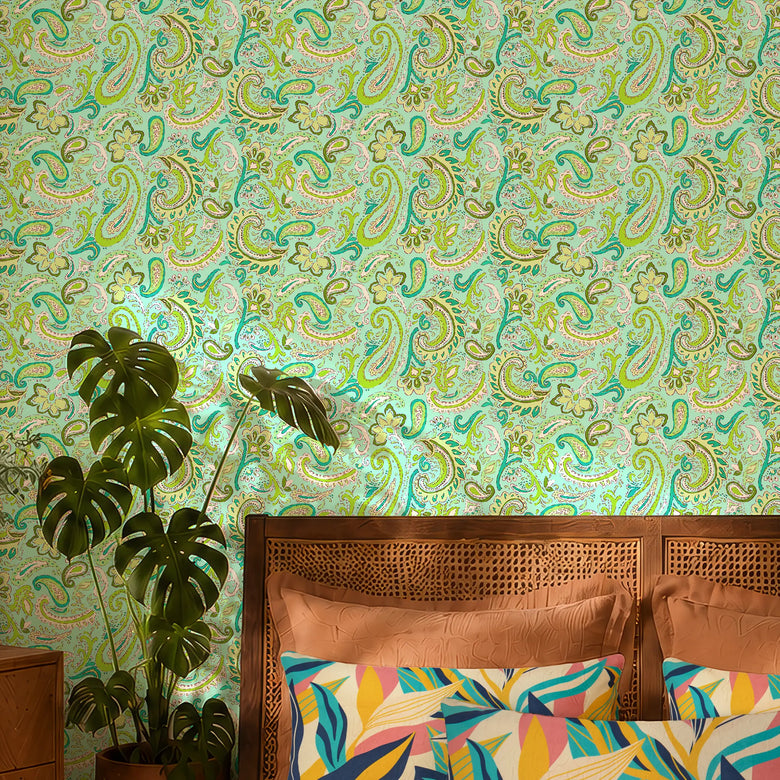 Paisley Party Wallpaper in Teal and Green on Mint