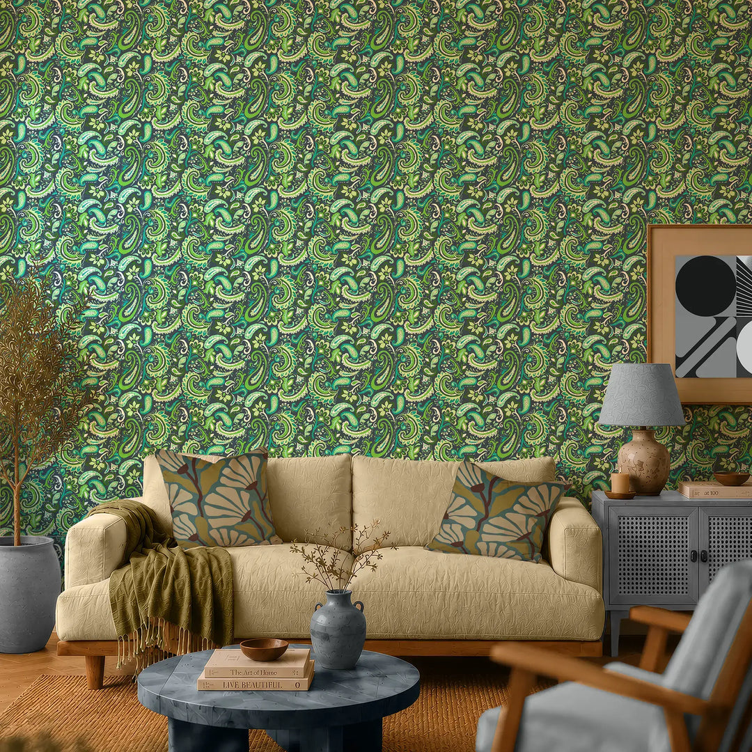 Paisley Party Wallpaper in Teal and Green on Navy