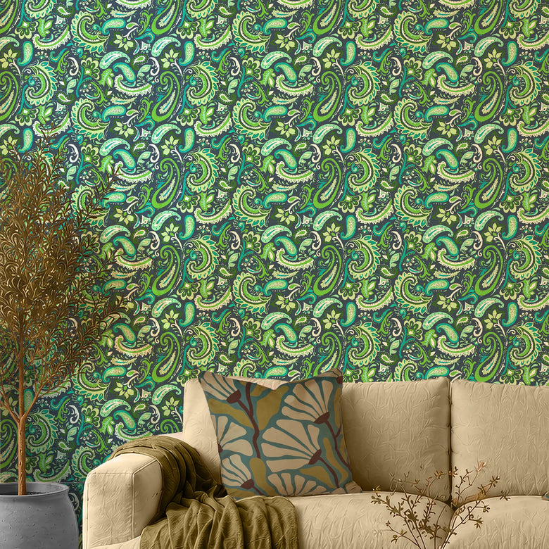 Paisley Party Wallpaper in Teal and Green on Navy